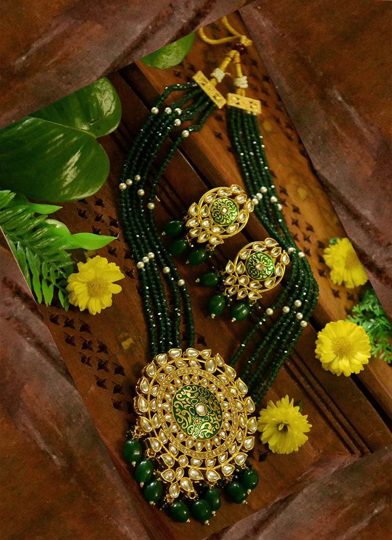 Green Necklace Set With Earrings Party Wear 2 Green Necklace Set With Earrings Party Wear - Image 2