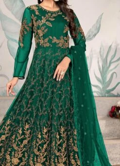 Green Net Embridered Work Anarkali Suit Party Wear