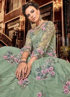 Green Net Embroidered Anarkali Suit Wedding Wear -C Bazaar Shop green net embroidered anarkali suit slscc6302b b