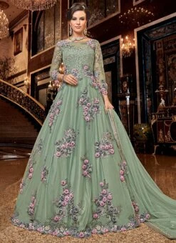 Green Net Embroidered Anarkali Suit Wedding Wear -C Bazaar Shop green net embroidered anarkali suit slscc6302b u