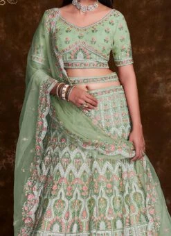 Pista Green Net Embroidered Stones Umbrella Lehenga Wedding Wear