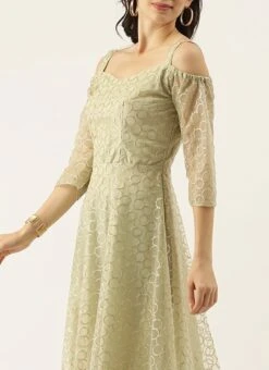 Green Net Embroidered Strap Neck Gown Party Wear