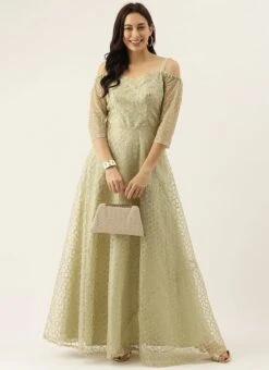 Green Net Embroidered Strap Neck Gown Party Wear -C Bazaar Shop green net embroidered strap neck gown IWBS02007402 u