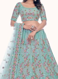 Green Net Thread N Sequins Work Umbrella Lehenga Wedding Wear