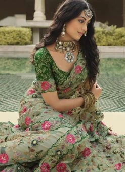 Green Net Zari Embroidery Work Saree Party Wear -C Bazaar Shop green net zari embroidery work saree samkns102214050 b