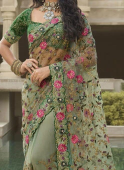 Green Net Zari Embroidery Work Saree Party Wear