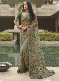 Green Net Zari Embroidery Work Saree Party Wear -C Bazaar Shop green net zari embroidery work saree samkns102214050 u