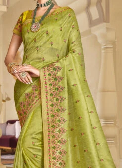 Green Organza Embroidery Work Saree Party Wear