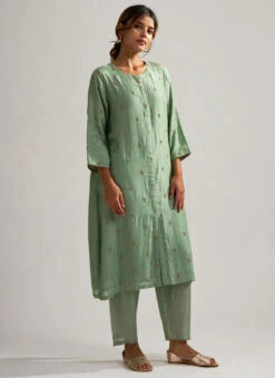 Green Pure Chanderi Silk Embroidered Kurta Semi Palazzo Set Party Wear -C Bazaar Shop green pure chanderi silk embroidered kurta semi palazzo set krsdvcsvks47 u