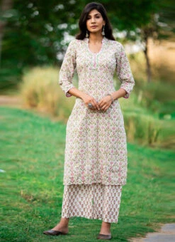 Green Pure Cotton Hand Block Printed Kurta Semi Palazzo Set After Six Wear -C Bazaar Shop green pure cotton hand block printed kurta semi palazzo set krsjbp2022a2107b u