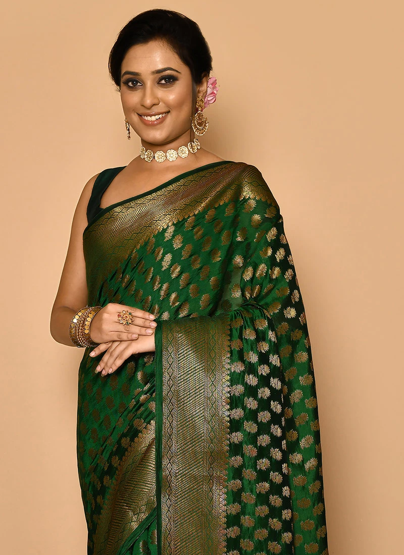 Green Pure Silk Zari Work Saree Wedding Wear 4 Green Pure Silk Zari Work Saree Wedding Wear - Image 4