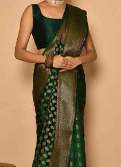 Green Pure Silk Zari Work Saree Wedding Wear