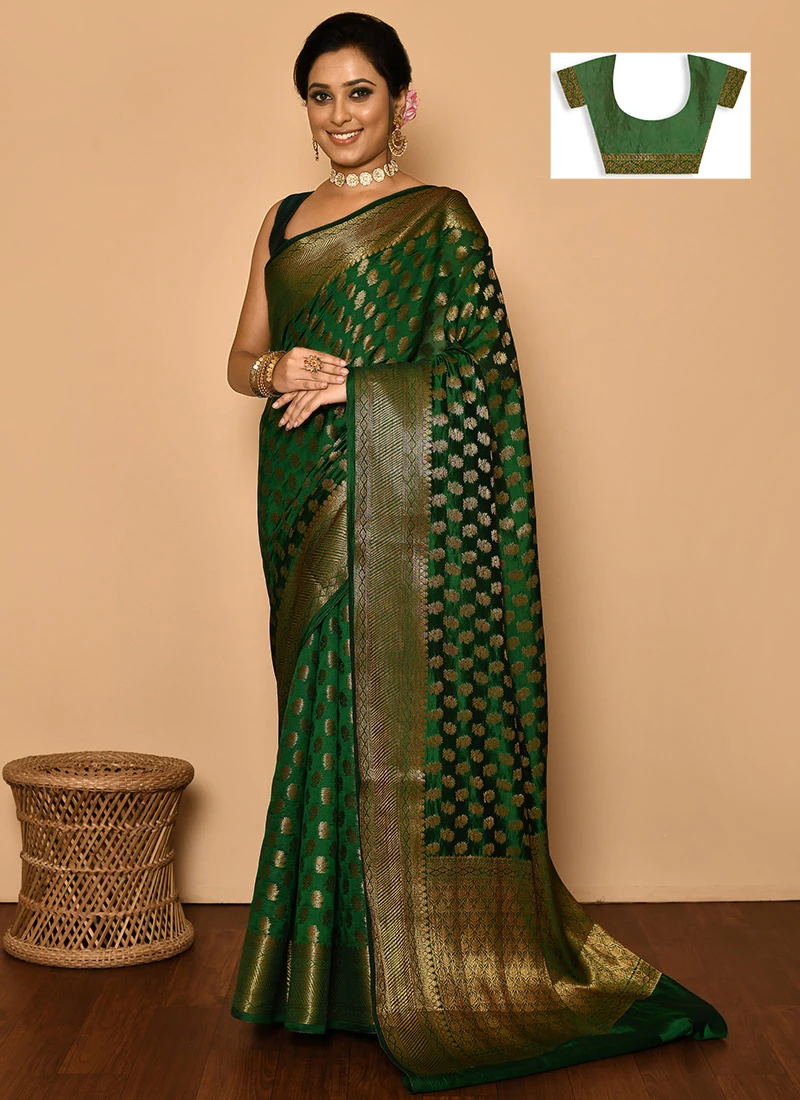 Green Pure Silk Zari Work Saree Wedding Wear 3 Green Pure Silk Zari Work Saree Wedding Wear - Image 3