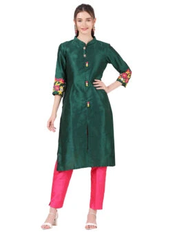 Green Raw Silk Embroidery Work Kurta Straight Pant Set Party Wear -C Bazaar Shop green raw silk embroidery work kurta straight pant set krskinf9900518 u