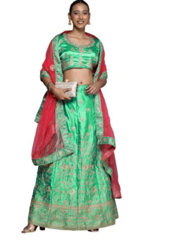 Green Satin Silk Zari Embroidered A Line Lehenga Festive Wear -C Bazaar Shop green satin silk zari embroidered a line lehenga ghsstsktemly7612 u