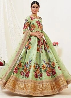 Green Satin Umbrella Lehenga Party Wear -C Bazaar Shop green satin umbrella lehenga ghsaj40922105 u