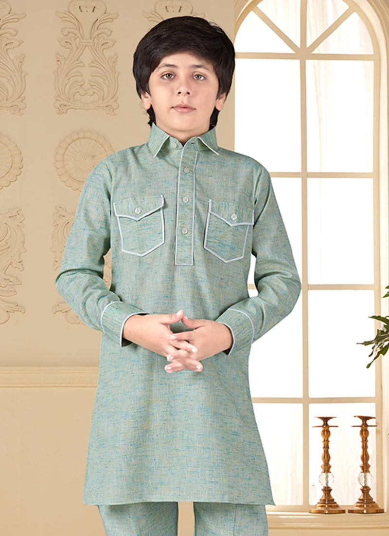 Green Silk Cotton Pathani Set 3 Green Silk Cotton Pathani Set - Image 3