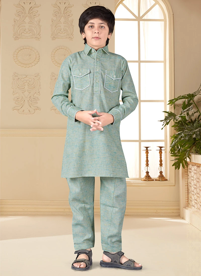 Green Silk Cotton Pathani Set 2 Green Silk Cotton Pathani Set - Image 2