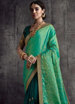 Green Silk Embroidered Designer Half N Half Saree Festive Wear -C Bazaar Shop green silk embroidered designer half n half saree samkns8319 b