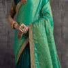 Green Silk Embroidered Designer Half N Half Saree Festive Wear