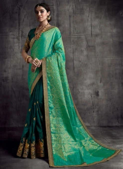 Green Silk Embroidered Designer Half N Half Saree Festive Wear -C Bazaar Shop green silk embroidered designer half n half saree samkns8319 u