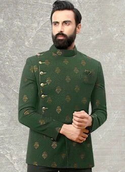 Green Terry Rayon Brocade Bandhgala Jacket -C Bazaar Shop green terry rayon brocade bandhgala jacket jmkmdc3710nb b