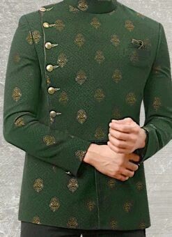 Green Terry Rayon Brocade Bandhgala Jacket