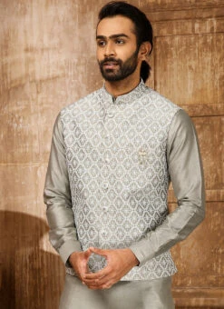 Grey Art Silk Banarasi Bandi Set Party Wear -C Bazaar Shop grey art silk banarasi bandi set kpmac1305 b