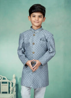Grey Art Silk Embroidery Indowestern Sherwani Party Wear -C Bazaar Shop grey art silk embroidery indowestern sherwani kdbmsgrk564 b