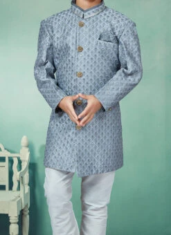 Grey Art Silk Embroidery Indowestern Sherwani Party Wear
