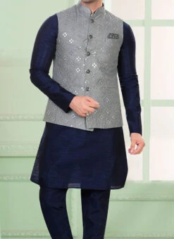 Grey Art Silk Jacquard Bandhgala Jacket