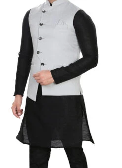 Grey Art Silk Jacquard Nehru Jacket