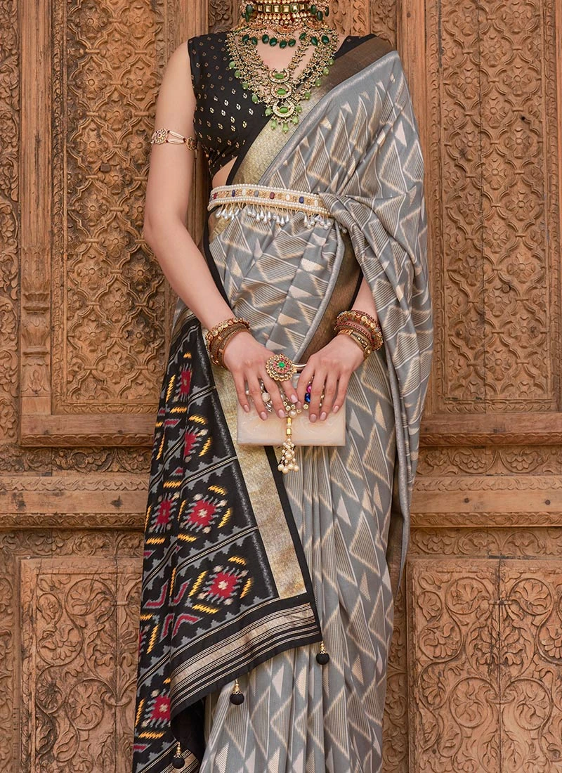 Grey Art Silk Patola Sari Festive Wear 1 Grey Art Silk Patola Sari Festive Wear