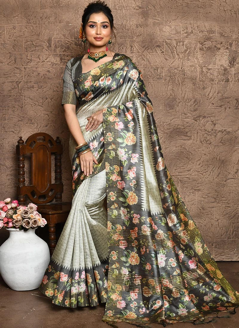 Grey Art Silk Printed Saree Festive Wear 3 Grey Art Silk Printed Saree Festive Wear - Image 3