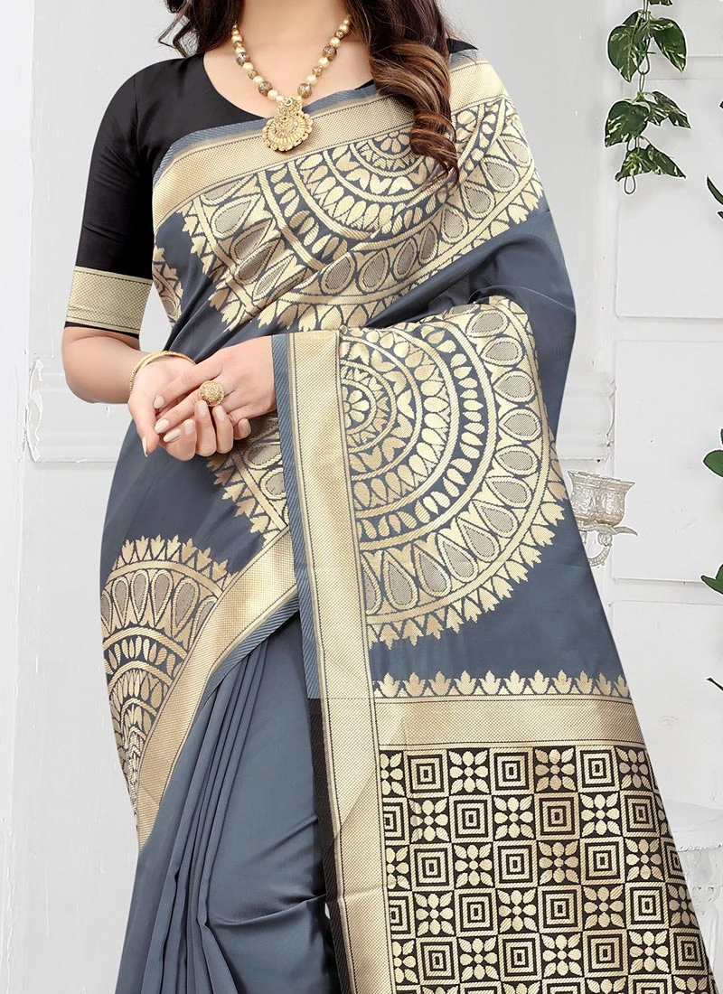Grey Banarasi Art Silk Zari Weaving Saree Festive Wear 1 Grey Banarasi Art Silk Zari Weaving Saree Festive Wear
