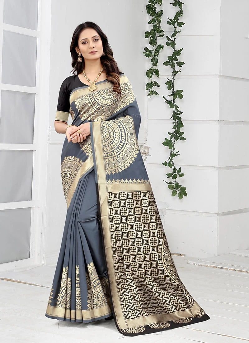 Grey Banarasi Art Silk Zari Weaving Saree Festive Wear 3 Grey Banarasi Art Silk Zari Weaving Saree Festive Wear - Image 3