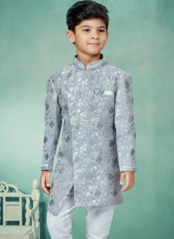 Grey Banarasi Silk Jacquard Indowestern Sherwani Party Wear -C Bazaar Shop grey banarasi silk jacquard indowestern sherwani kdbmsgrk547 b