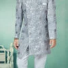 Grey Banarasi Silk Jacquard Indowestern Sherwani Party Wear
