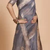 Grey Blended Cotton Zari Saree Festive Wear