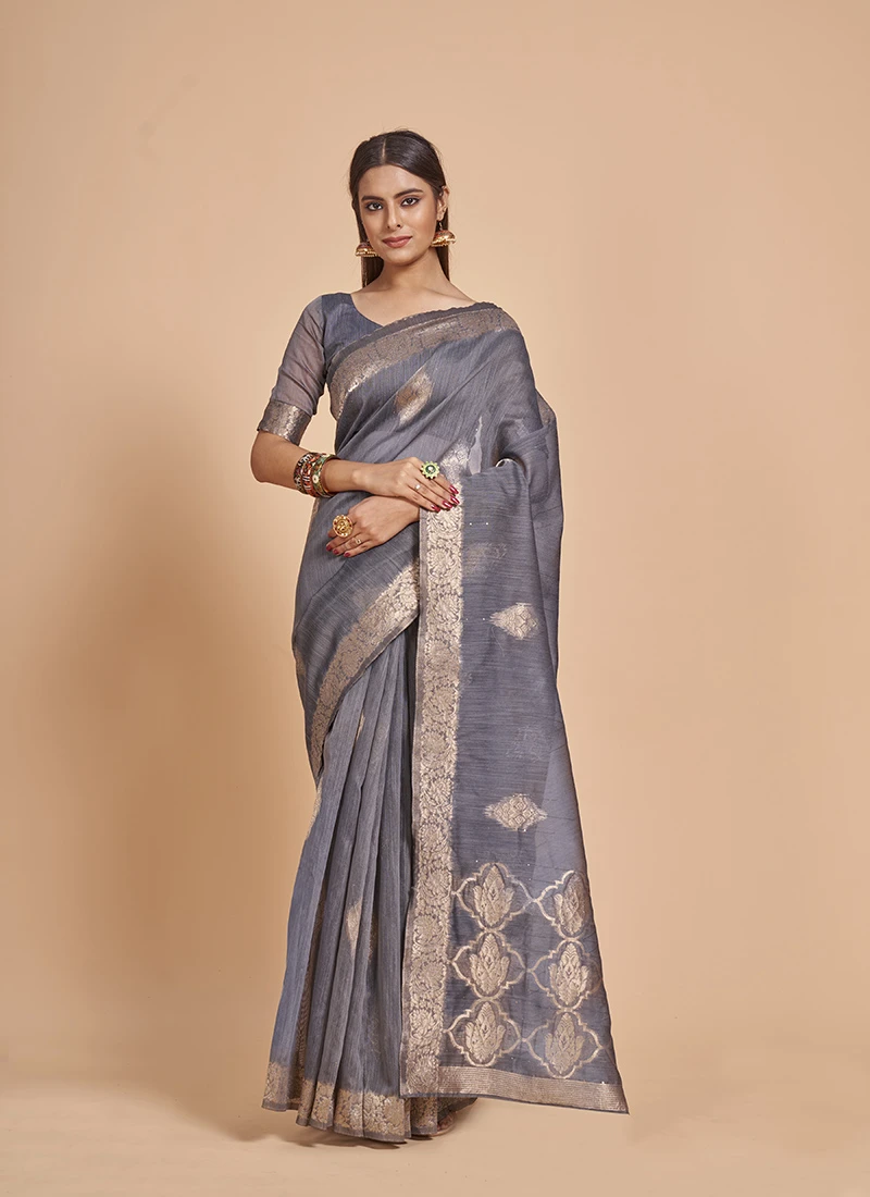 Grey Blended Cotton Zari Saree Festive Wear 3 Grey Blended Cotton Zari Saree Festive Wear - Image 3