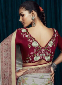 Grey Brasso Printed Sari Party Wear -C Bazaar Shop grey brasso printed sari sasli211616088 b