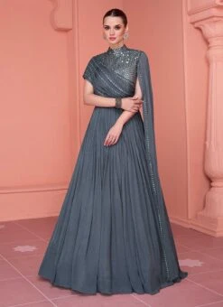 Grey Chinon Mirror Work Dresses And Gown Party Wear -C Bazaar Shop grey chinon mirror work dresses and gown bgwrska48055329 u