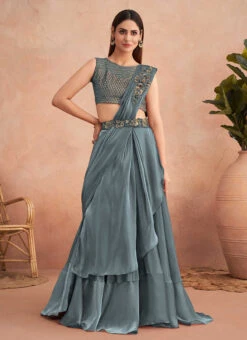 Grey Chinon Silk Embroidered Ready Pleated Saree Party Wear -C Bazaar Shop grey chinon silk embroidered ready pleated saree saska36337311f u