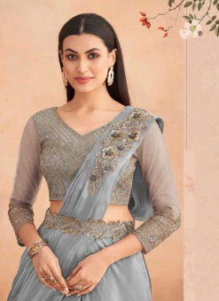 Grey Chinon Silk Embroidered Sequins Ready Pleated Saree Party Wear -C Bazaar Shop grey chinon silk embroidered sequins ready pleated saree saska36367304f b