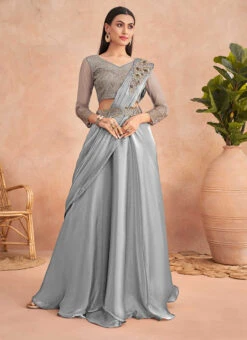 Grey Chinon Silk Embroidered Sequins Ready Pleated Saree Party Wear -C Bazaar Shop grey chinon silk embroidered sequins ready pleated saree saska36367304f u