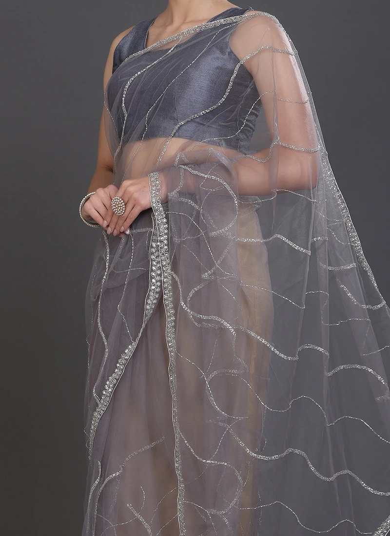 Grey Color Hand Work Beads Work Net Saree Party Wear 1 Grey Color Hand Work Beads Work Net Saree Party Wear