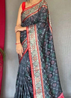 Grey Color Jacquard Woven Work Soft Silk Saree Festive Wear