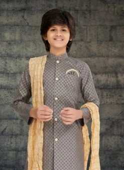 Grey Cotton Kids Boys Indowestern Sherwani Festive Wear 5 Grey Cotton Kids Boys Indowestern Sherwani Festive Wear -C Bazaar Shop grey cotton kids boys indowestern sherwani kdbmss6222 b