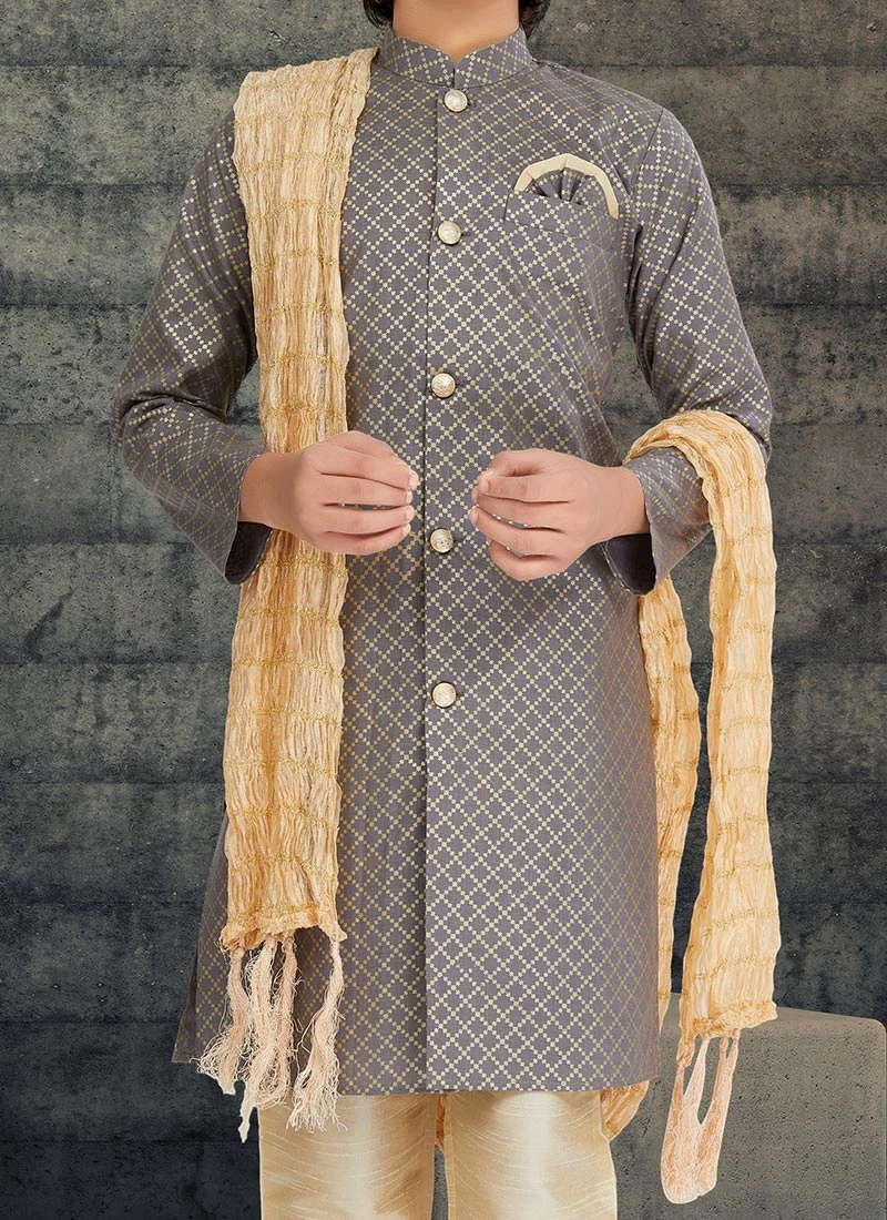 Grey Cotton Kids Boys Indowestern Sherwani Festive Wear 1 Grey Cotton Kids Boys Indowestern Sherwani Festive Wear