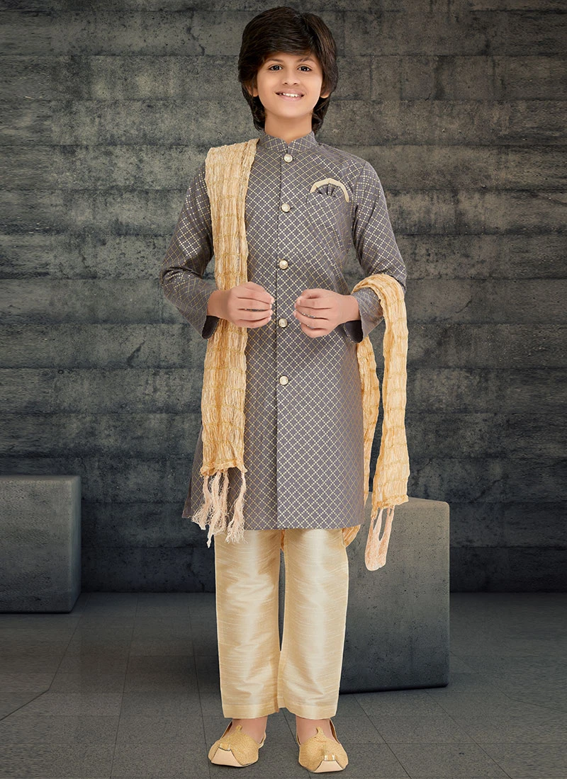 Grey Cotton Kids Boys Indowestern Sherwani Festive Wear 2 Grey Cotton Kids Boys Indowestern Sherwani Festive Wear - Image 2